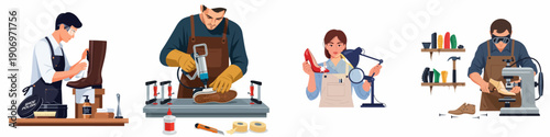 Shoemaker and Cobbler Working Illustrations: Repairing Shoes, Polishing Boots, Gluing Soles, and Crafting Footwear in an Artisanal Workshop.