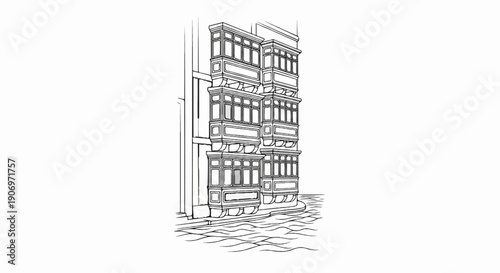 Ornate balconies adorn a building facade overlooking wavy water