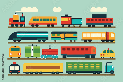 Colorful train and transportation icons set flat design illustration