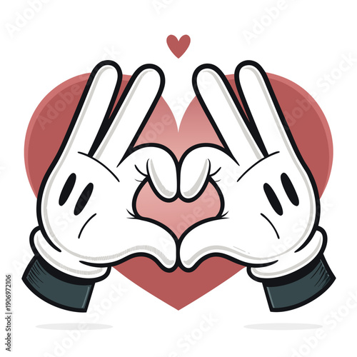 Cartoon gloved hands forming heart shape, love and affection concept illustration