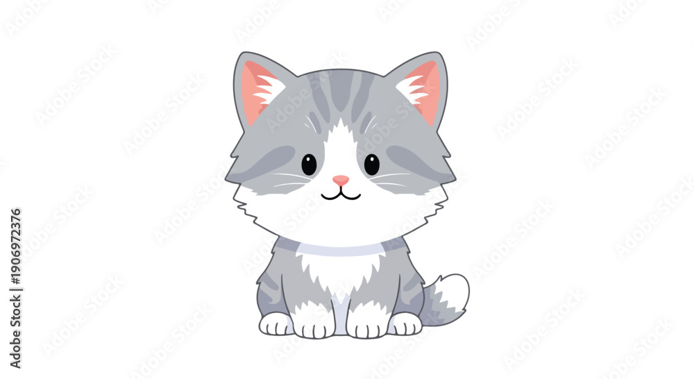 Obraz premium Illustration of a cute gray and white cartoon cat sitting and looking forward with a cheerful expression on a plain white background.