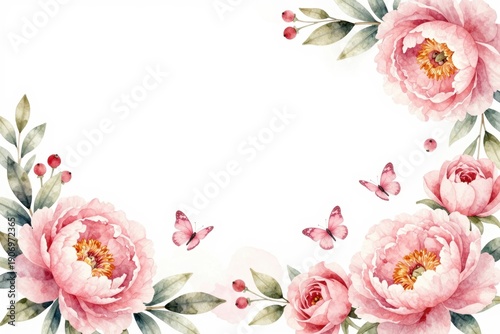 Pink flowers and butterflies surround a blank space in a bright and clear design