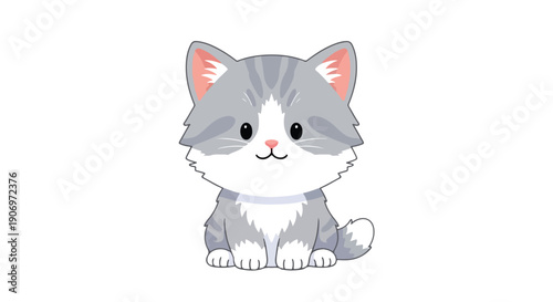 Illustration of a cute gray and white cartoon cat sitting and looking forward with a cheerful expression on a plain white background.