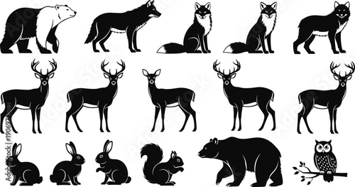 Forest animal silhouette collection featuring bear wolf fox deer rabbit squirrel and owl, wildlife vector illustration set, woodland fauna icons isolated on white background