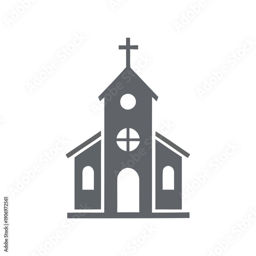 Simple gray church illustration with cross on top viewed from front