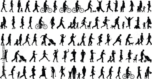 Diverse people silhouette set, walking cycling and families with strollers, community lifestyle vector collection, urban crowd activity symbols, pedestrian  c
