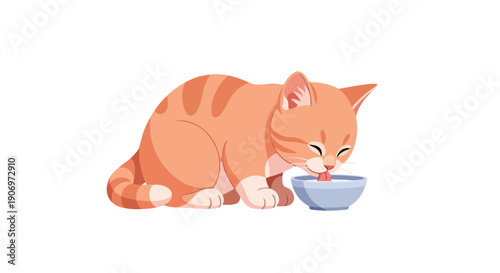 An orange tabby cat drinking from a blue bowl on a white background with a cartoon style and warm color tones.