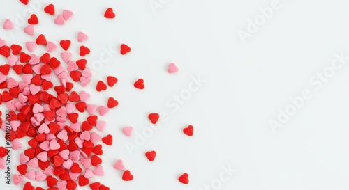 A festive and colorful array of small, red and pink heart shaped sprinkles scattered across a clean, bright white background, pink, sugar, food