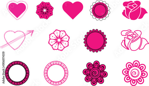 Floral and Heart Icons Set: A delightful array of floral and heart-shaped icons in shades of pink, perfect for adding a touch of romance to any design.