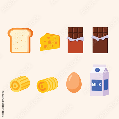 Assortment of essential food items including bread cheese chocolate hay egg and milk carton.