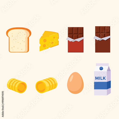 Assortment of essential food items including bread cheese chocolate pasta egg and milk.
