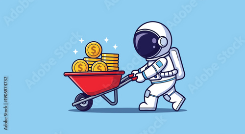 Astronaut pushing wheelbarrow full of gold coins Vector.
