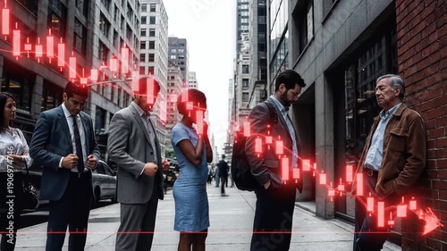 Business people standing on city sidewalk with stock market graph animation, symbolizing financial stress. 7.9s video, seamless loop.