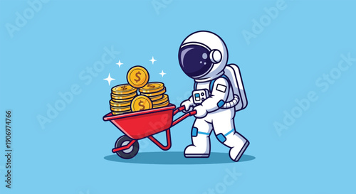 Astronaut Pushing Wheelbarrow Full of Gold Coins.