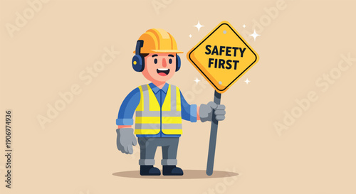 Construction worker holding safety first sign promoting workplace safety.