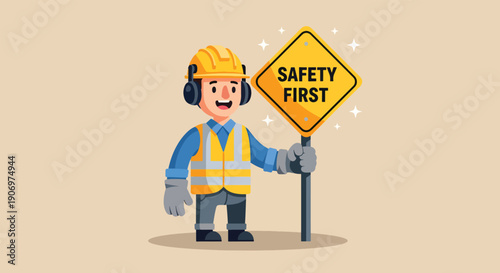 Construction Worker Holding Safety First Sign.