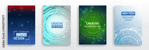 Set of futuristic technology brochure covers with glowing circuit lines and digital interface elements, perfect for creative design, high-tech branding, business presentations and innovation themes.