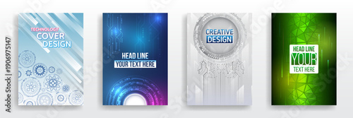 Collection of modern technology cover templates with circuit patterns, gears and digital interface elements, ideal for creative design, business brochures, posters, flyers and high-tech branding.