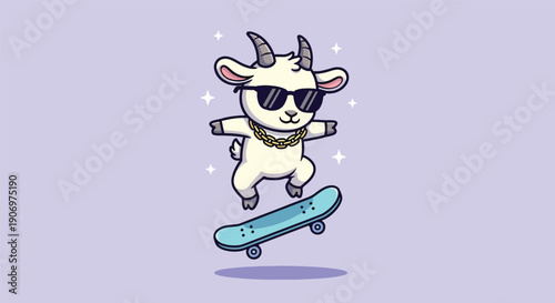 Cool Goat Skater with Sunglasses Doing an Ollie Trick.
