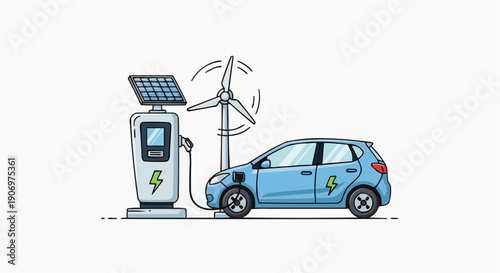 Illustration of an electric car being charged at a renewable energy station