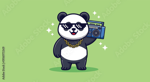 Cool Panda Wearing Sunglasses and Gold Chain Holding a Boombox.