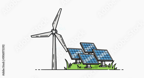 A vector illustration of renewable energy sources such as wind turbines and solar panels