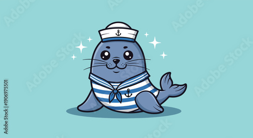 Cute Baby Seal Wearing Sailor Uniform Cartoon Vector Illustration.