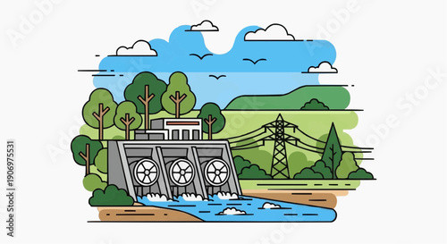 A vector graphic illustration of a hydroelectric dam in a natural landscape