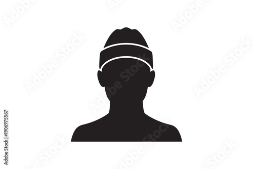 Black silhouette of a person wearing a knit cap or beanie hat with headbands on a white background