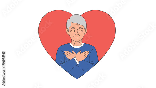 Illustration of an elderly man with closed eyes crossing his hands over his chest in front of a large red heart for themes of love and care.