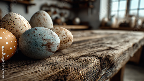 Speckled Easter eggs arranged on old wooden surface