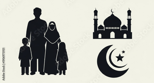 Islamic family and mosque symbol illustration.