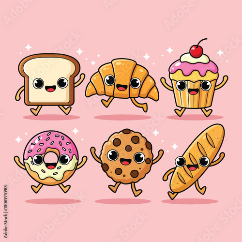Cute Cartoon Bakery Items with Happy Faces.