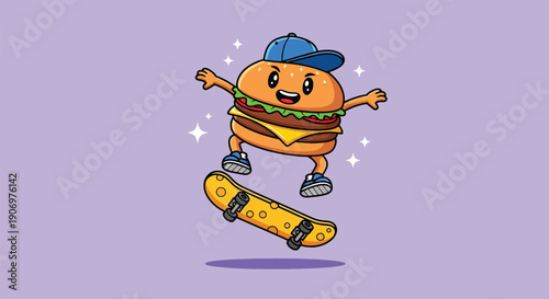 Cute Cartoon Burger Character Skateboarding with a Blue Cap.
