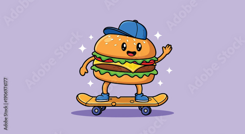Cute Cartoon Burger Character Skateboarding.