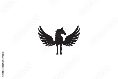 Front view pegasus horse silhouette with symmetrical spread wings depicting mythological creature for heraldic emblem or mystical branding project