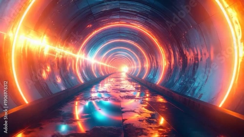 Glowing tunnel with bright orange and teal colors, reflected path to the light