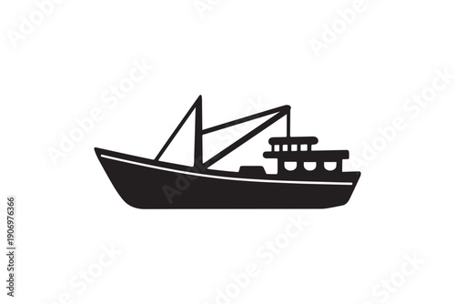 Silhouette of fishing boat with rigging and cabin on white background, simple black and white vector illustration