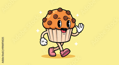 Cute Chocolate Chip Muffin Cartoon Character Walking and Waving.