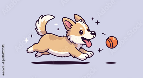 Cute Corgi Dog Playing with Ball Cartoon Vector Illustration.