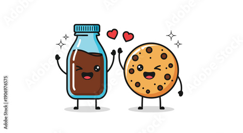 Cute chocolate milk bottle and cookie characters in love.
