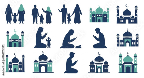 Islamic Culture Symbols Family Mosques and Prayer Silhouettes.