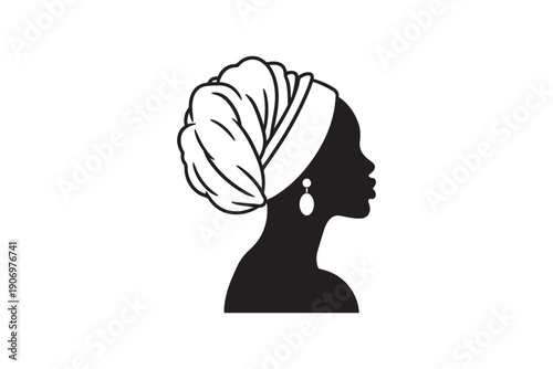 Silhouette profile of elegant african woman wearing headscarf and dangling earring, isolated on white background, cultural attire