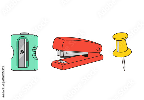 School and Office Stationery Icon Set with Pencil Sharpener Stapler and Push Pin Flat Vector Illustrations for Education and Workplace Supply