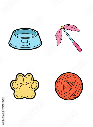 Pet care accessory collection featuring blue water bowl, cat feather wand toy, yellow paw print, and orange ball of yarn for domestic animals.
