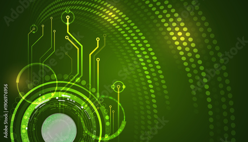 Green futuristic technology background with digital circuits, glowing interface elements, and abstract data patterns, representing eco tech, innovation, sustainability, and advanced digital systems.