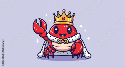Cute King Crab Wearing Crown and Royal Robe Cartoon Illustration.