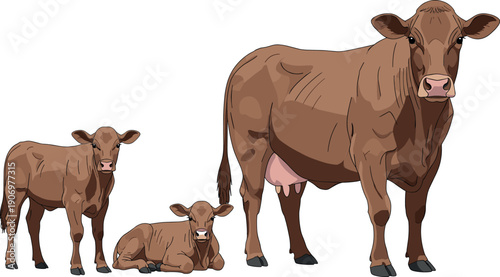Brown cow with two small calves standing and sitting on white background, dairy cattle livestock farming illustration, vector art.