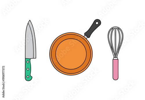 Kitchen cooking utensils set with a sharp chef knife frying pan and a wire whisk isolated on white background flat vector illustration art