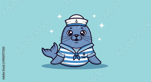 Cute Seal Wearing Sailor Hat and Striped Shirt.